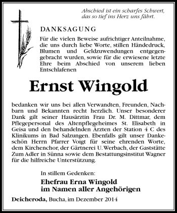 Traueranzeige von Ernst Wingold von Südthüringer Presse