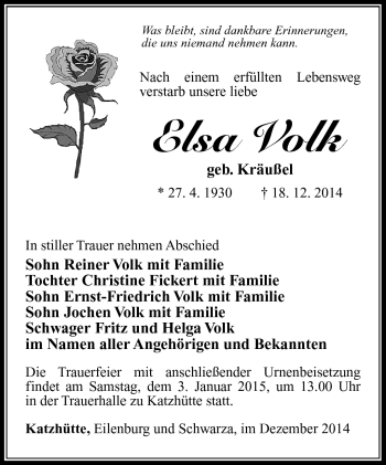Traueranzeige von Elsa Volk von Südthüringer Presse