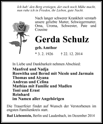 Traueranzeige von Gerda Schulz von Südthüringer Presse