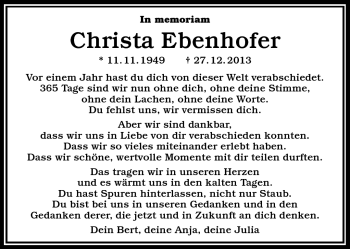Traueranzeige von Christa Ebenhofer von Frankenpost