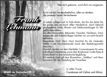 Traueranzeige von Frank Lehmann von Südthüringer Presse