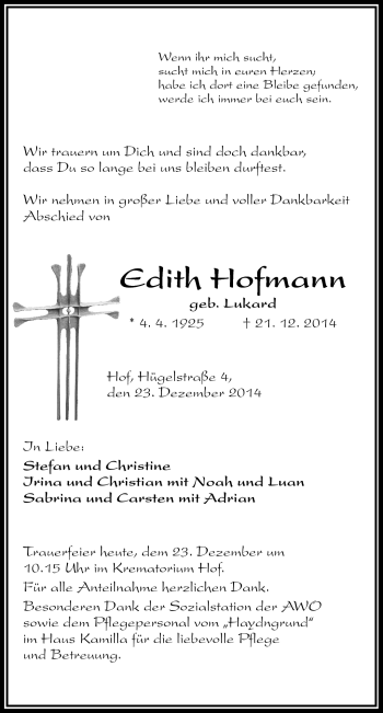 Traueranzeige von Edith Hofmann von Frankenpost