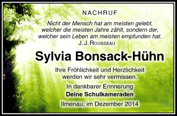 Traueranzeige von Syvia Bonsack-Hühn von Südthüringer Presse