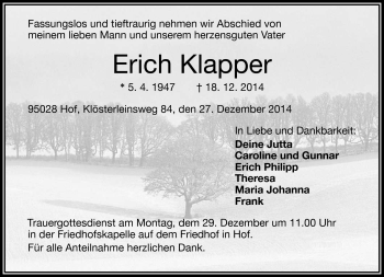 Traueranzeige von Erich Klapper von Frankenpost