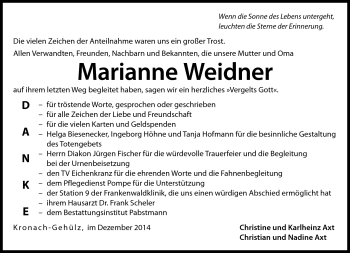 Traueranzeige von Marianne Weidner von Neue Presse Coburg