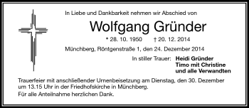 Traueranzeige von Wolfgang Gründer von Frankenpost
