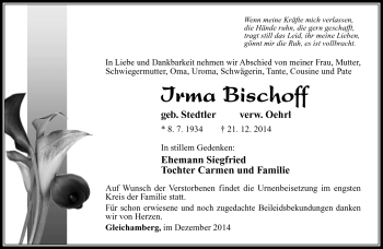 Traueranzeige von Irma Bischoff von Südthüringer Presse