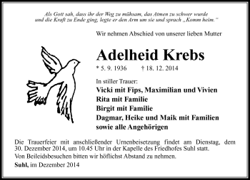 Traueranzeige von Adelheid Krebs von Südthüringer Presse