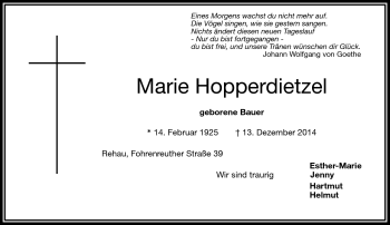 Traueranzeige von Marie Hopperdietzel von Frankenpost