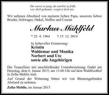 Traueranzeige von Markus Mühlfeld von Südthüringer Presse