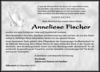Traueranzeige von Anneliese Fischer von Südthüringer Presse