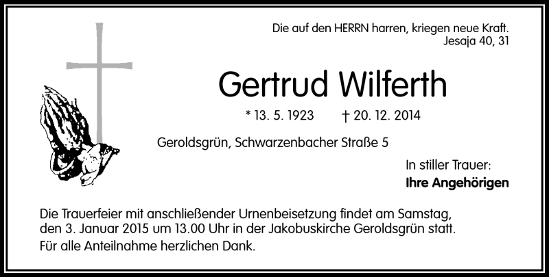  Traueranzeige für Gertrud Wilferth vom 02.01.2015 aus Frankenpost