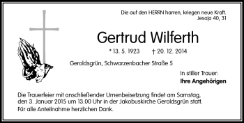 Traueranzeige von Gertrud Wilferth von Frankenpost
