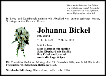 Traueranzeige von Johanna Bickel von Südthüringer Presse