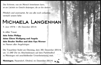 Traueranzeige von Michala Langenhan von Südthüringer Presse