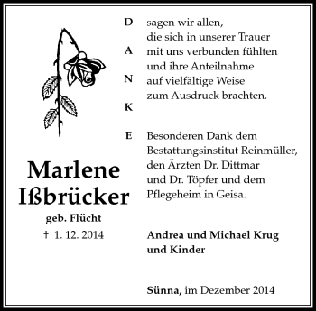 Traueranzeige von Marlene Ißbrücker von Südthüringer Presse