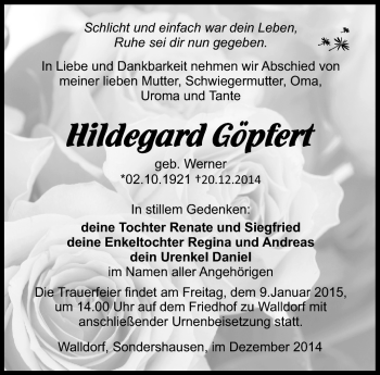 Traueranzeige von Hedwig Göpfert von Südthüringer Presse