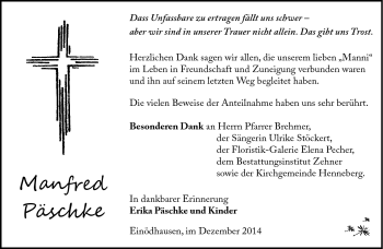 Traueranzeige von Manfred Päschke von Südthüringer Presse