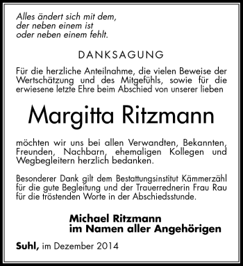 Traueranzeige von Margitta Ritzmann von Südthüringer Presse