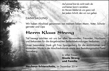 Traueranzeige von Klaus Streng von Südthüringer Presse