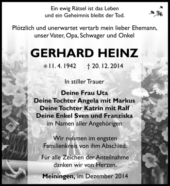 Traueranzeige von Gerhard Heinz von Südthüringer Presse