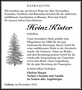 Traueranzeige von Heinz Kister von Südthüringer Presse