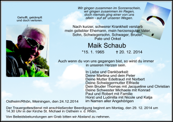 Traueranzeige von Maik Schaub von Südthüringer Presse