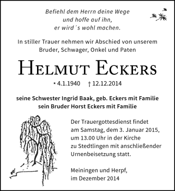 Traueranzeige von Helmut Eckers von Südthüringer Presse