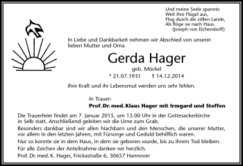 Traueranzeige von Gerda Hager von Frankenpost