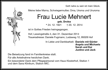 Traueranzeige von Licie Mehnert von Frankenpost