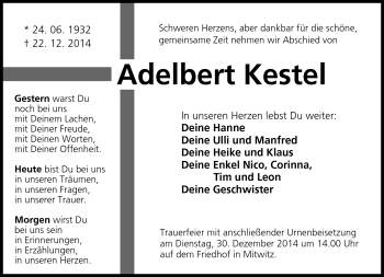 Traueranzeige von Adelbert Kestel von Neue Presse Coburg