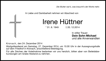 Traueranzeige von Irene Hüttner von Neue Presse Coburg