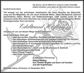Traueranzeige von Edletraud Höfling von Südthüringer Presse