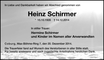 Traueranzeige von Heinz Schirmer von Neue Presse Coburg