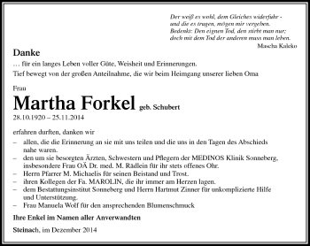 Traueranzeige von Marta Forkel von Südthüringer Presse