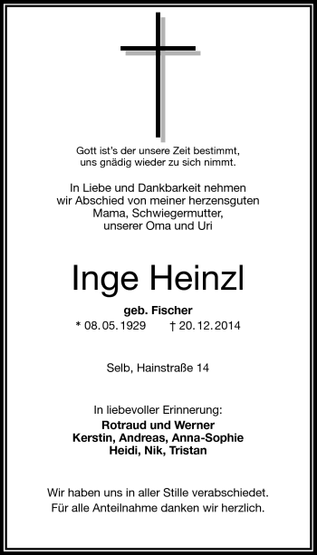 Traueranzeige von Inge Heinzl von Frankenpost