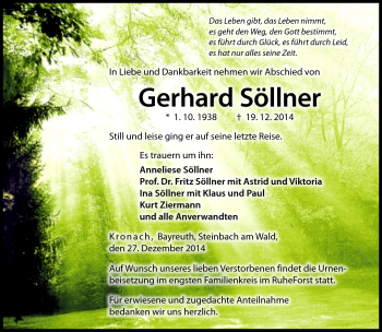 Traueranzeige von Gerhard Söllner von Neue Presse Coburg