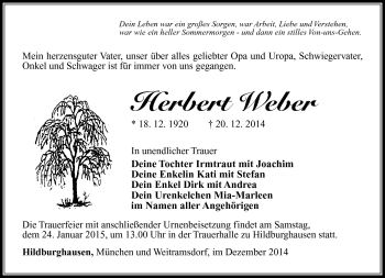 Traueranzeige von Herbert Weber von Südthüringer Presse