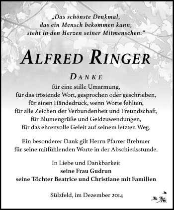 Traueranzeige von Alfred Ringer von Südthüringer Presse