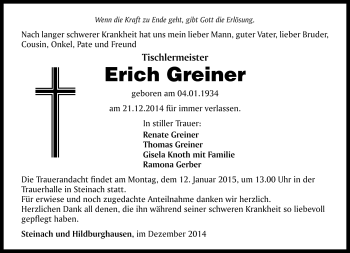 Traueranzeige von Erich Greiner von Südthüringer Presse