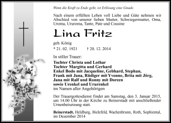 Traueranzeige von Lina Fritz von Südthüringer Presse