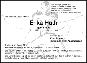 Traueranzeige von Erika Huth von Neue Presse Coburg