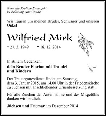 Traueranzeige von Wilfried Mirk von Südthüringer Presse