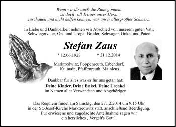 Traueranzeige von Stefan Zaus von Frankenpost