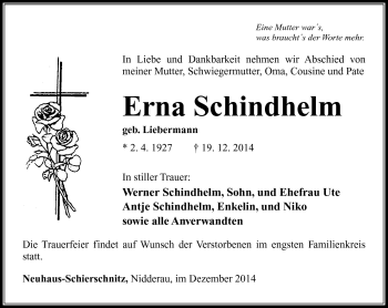 Traueranzeige von Erna Schindhelm von Südthüringer Presse