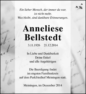 Traueranzeige von Anneliese Bellstedt von Südthüringer Presse
