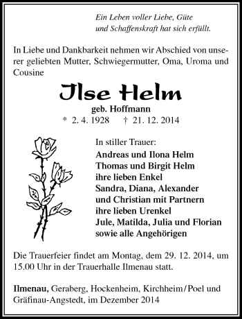 Traueranzeige von Ilse Helm von Südthüringer Presse
