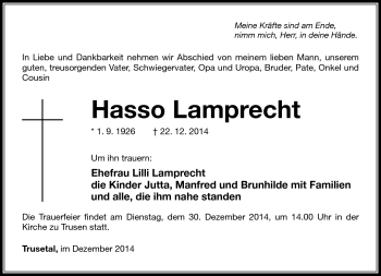 Traueranzeige von Hasso Lamprecht von Südthüringer Presse