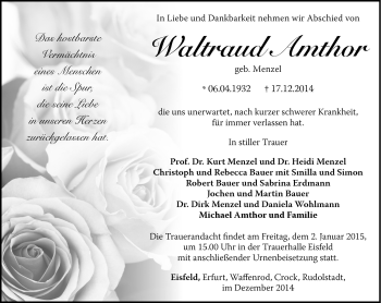 Traueranzeige von Waltraud Amthor von Südthüringer Presse