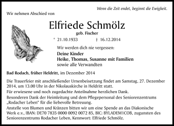 Traueranzeige von Elfriede Schmölz von Neue Presse Coburg